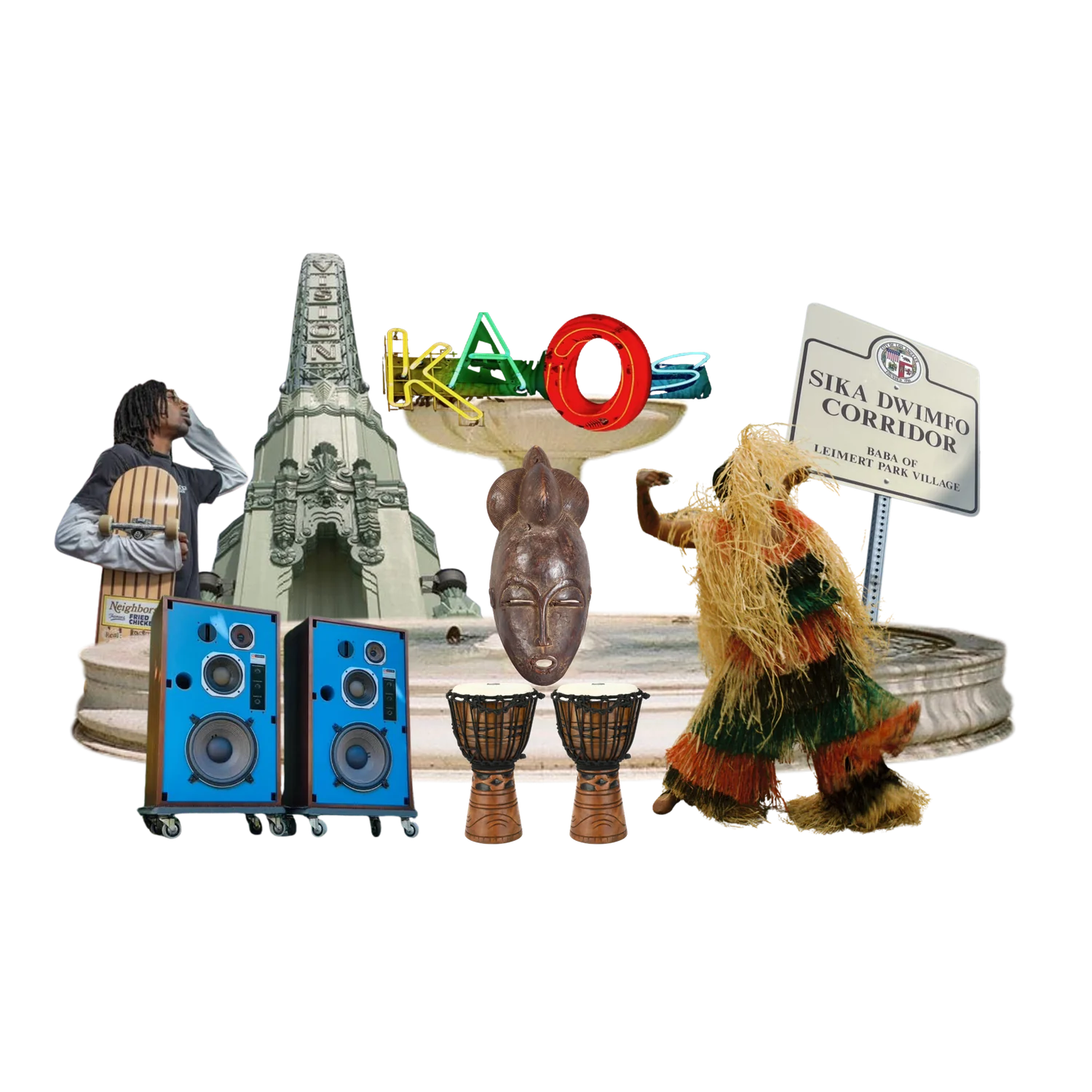 Archive collage of Leimert Park landmarks, art, music, dance and community objects